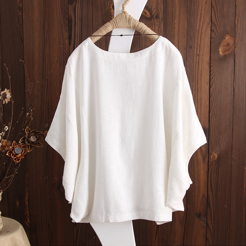 Women's Short-sleeved Loose Solid Color Batwing Sleeve Summer Round Blouses