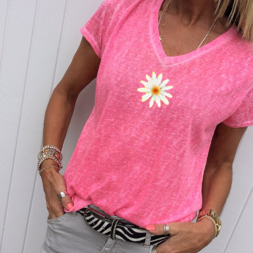 Women's V-neck Little Daisy Knitted Short-sleeved T-shirts Blouses