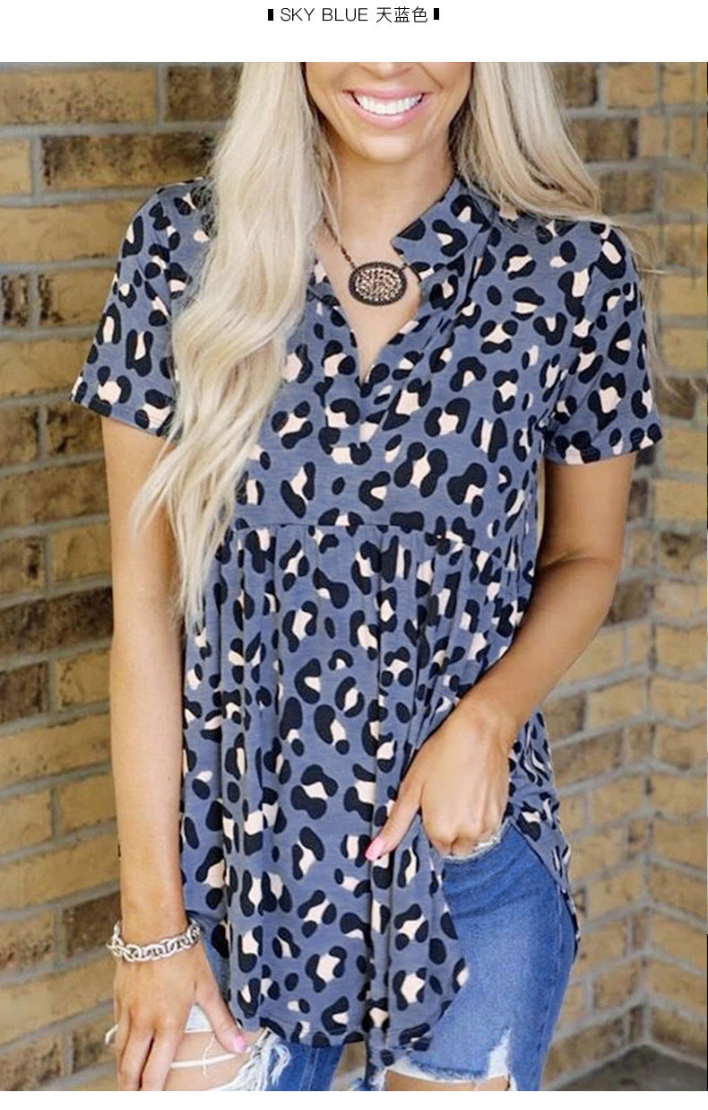 Women's Summer Leopard Print V-neck Short-sleeved Loose Large Blouses