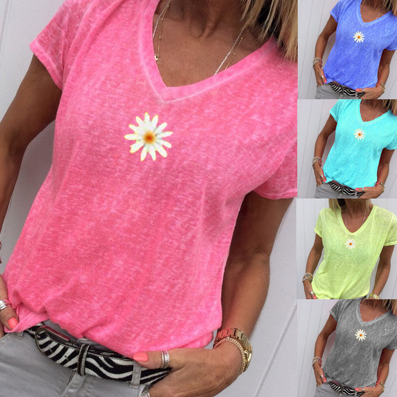 Women's V-neck Little Daisy Knitted Short-sleeved T-shirts Blouses