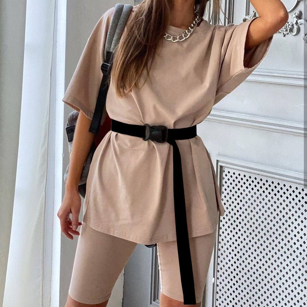 Women's Two-piece Set With Belt Solid Color Suits