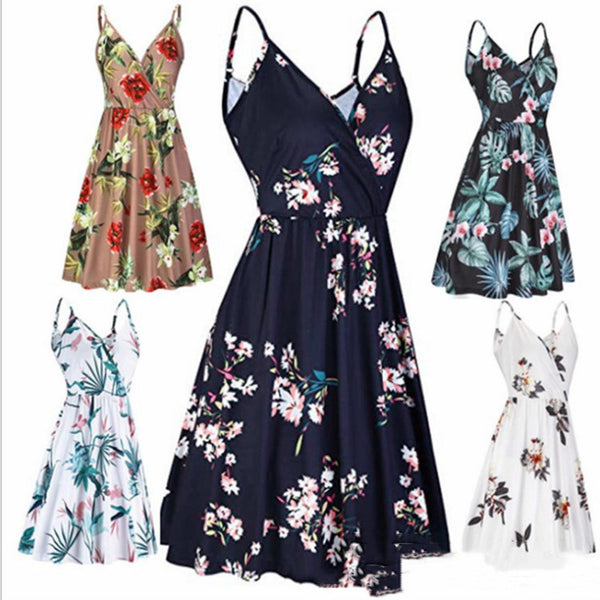 Women's V-neck Printed Pleated Suspender Casual Large Swing Pockets Dresses