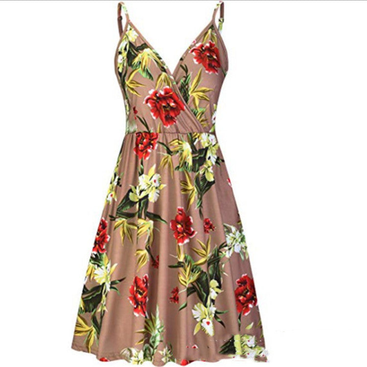 Women's V-neck Printed Pleated Suspender Casual Large Swing Pockets Dresses