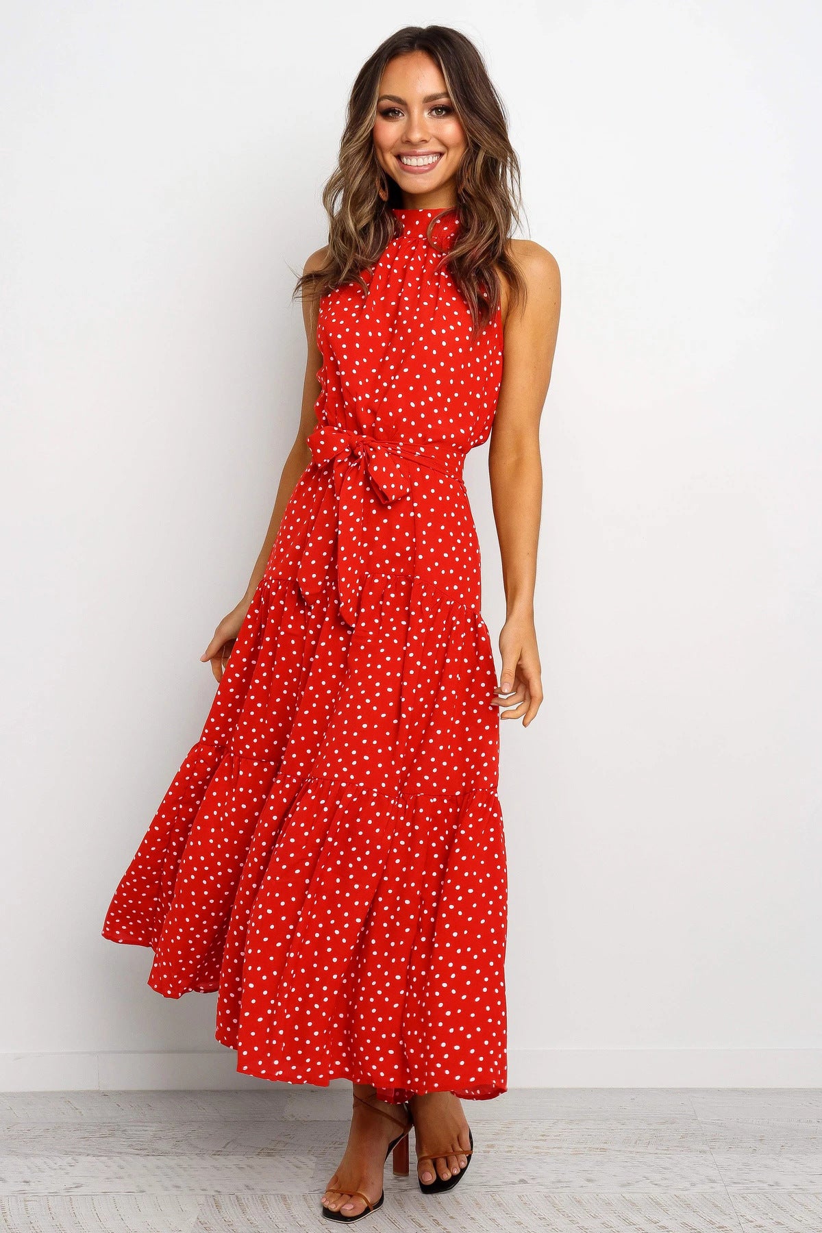 Women's Long Color Halter Dot Print Lace-up Dresses