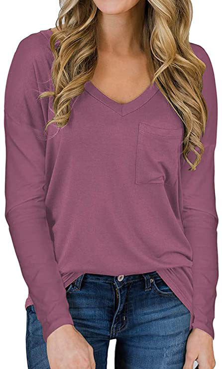 Solid Color V-neck Loose Casual Long Sleeves Pocket Blouses