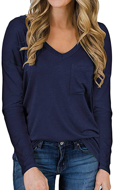 Solid Color V-neck Loose Casual Long Sleeves Pocket Blouses