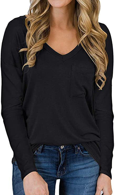 Solid Color V-neck Loose Casual Long Sleeves Pocket Blouses