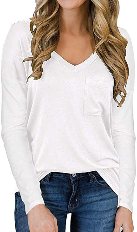 Solid Color V-neck Loose Casual Long Sleeves Pocket Blouses