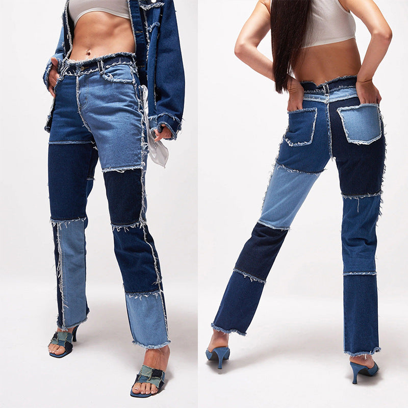Women's Summer Fashion Mixed Color Stitching High Jeans