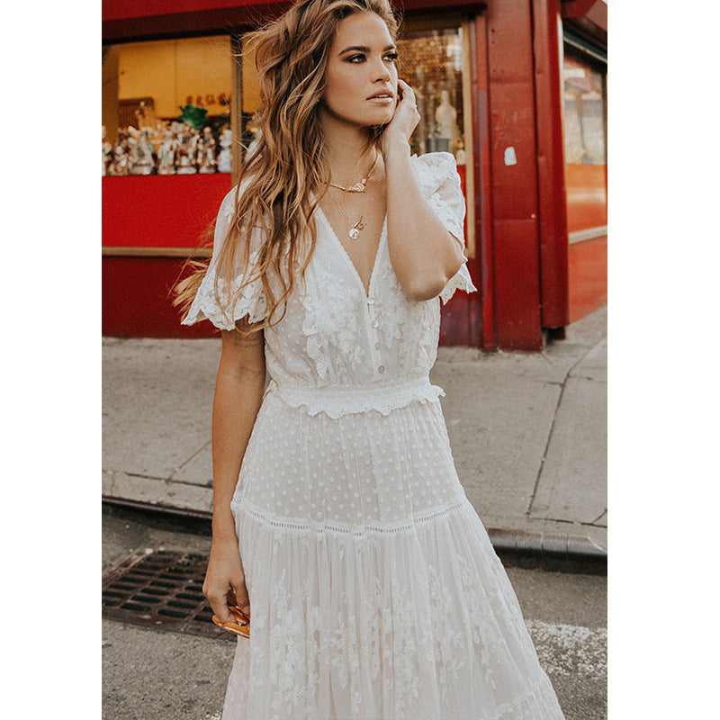 Robe d'été en dentelle à manches courtes et col en V pour femme