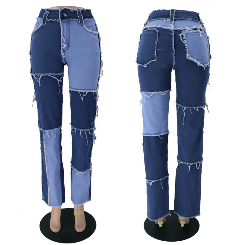 Women's Summer Fashion Mixed Color Stitching High Jeans