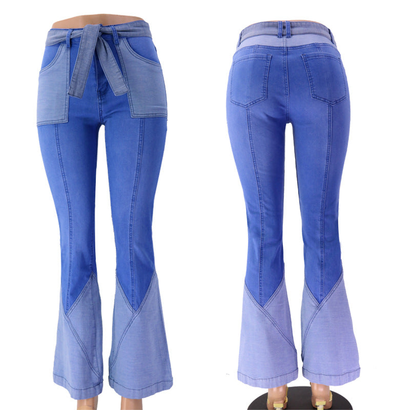Women's Retro High Waist Stitching Belt Denim Jeans