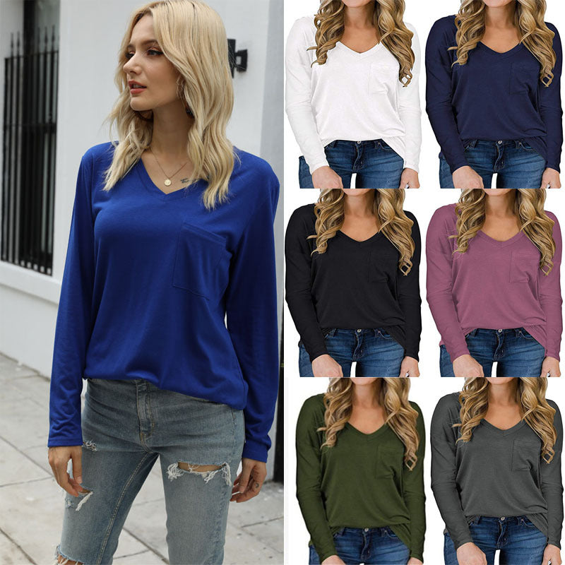 Solid Color V-neck Loose Casual Long Sleeves Pocket Blouses