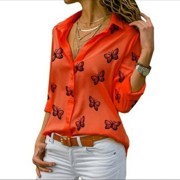 Women's Multi-color Butterfly Print Loose Lapels Shirt Blouses