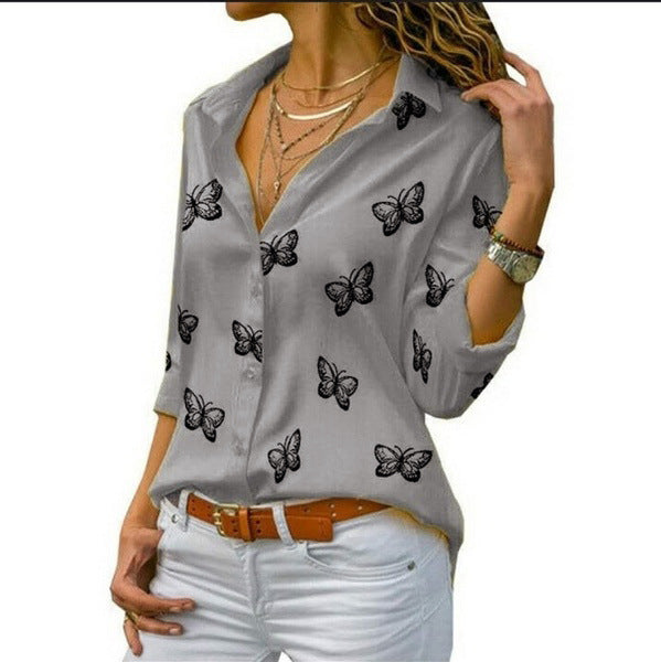 Women's Multi-color Butterfly Print Loose Lapels Shirt Blouses