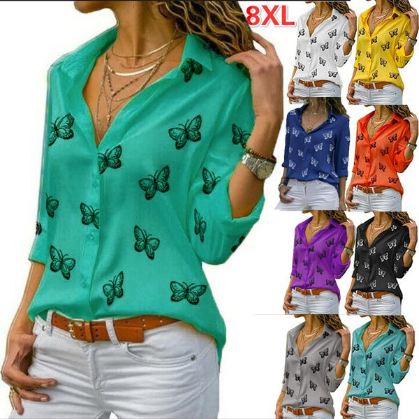 Blouses de chemise amples à revers imprimé papillon multicolore pour femmes