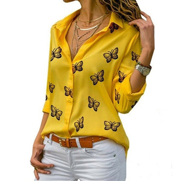 Women's Multi-color Butterfly Print Loose Lapels Shirt Blouses