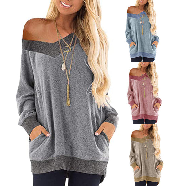 Color Pocket Long Sleeve Loose Pullover Sweaters