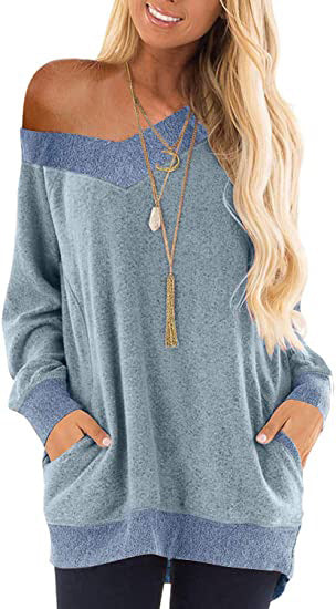 Color Pocket Long Sleeve Loose Pullover Sweaters