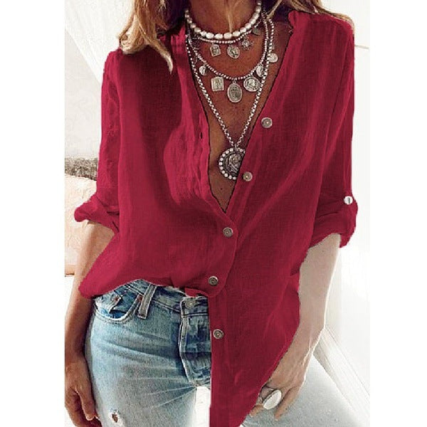 Women's Autumn Pure Color Cotton Sleeves Loose-fitting V-neck Blouses