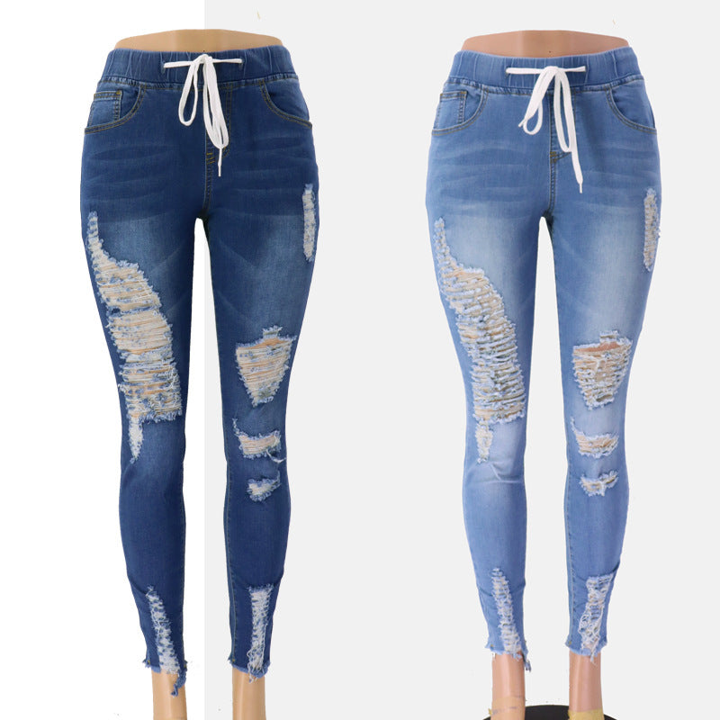 Women's Spring Elastic Tight Waist High Ripped Slim Slimming Skinny Jeans