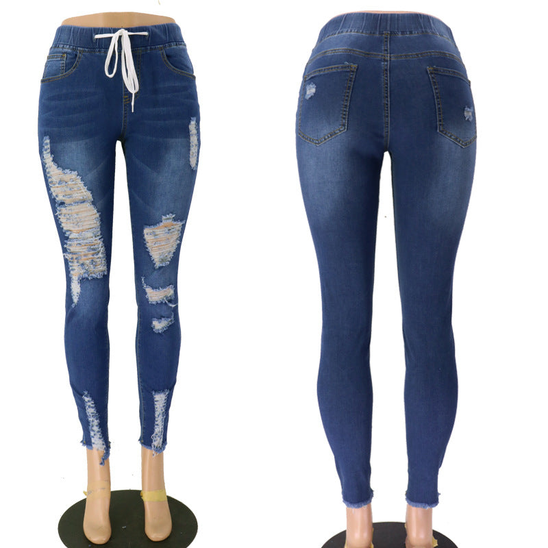Women's Spring Elastic Tight Waist High Ripped Slim Slimming Skinny Jeans
