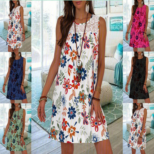 Women's Sleeveless Pullover Lace Printed Large Swing Dress Vests