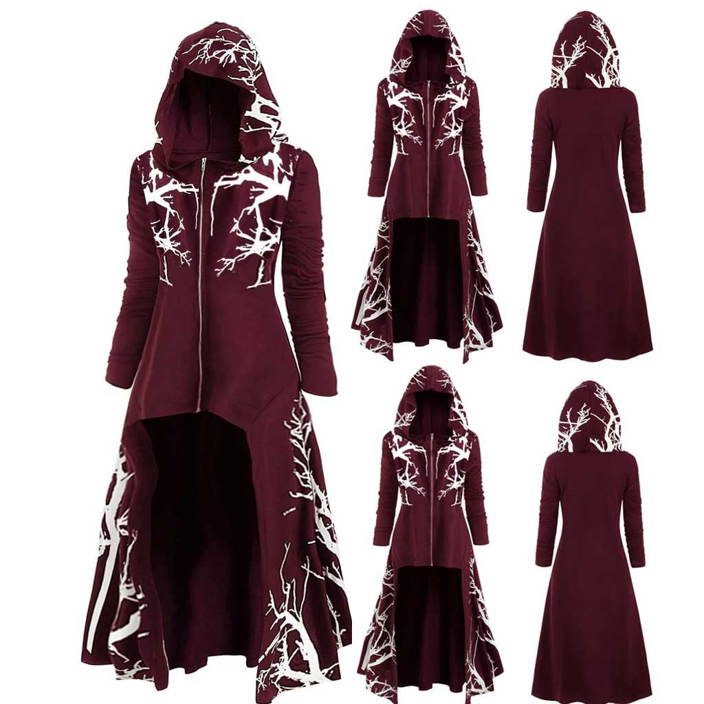 Dress Cloak Hooded Hem Irregular Pattern Print Long Coats