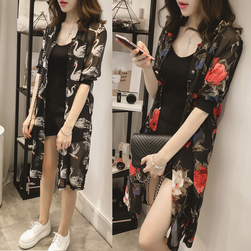 Women's Thin Summer Retro Printed 3/4 Sleeves Shirt Coats