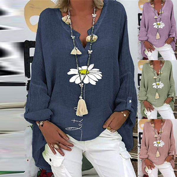 Slouchy Cotton And Linen Printed Shirt Blouses