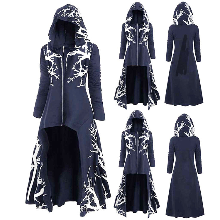 Dress Cloak Hooded Hem Irregular Pattern Print Long Coats