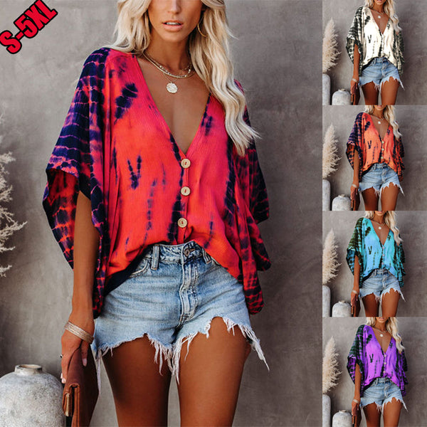 Women's Collar Batwing Sleeve Tie-dye Printed Shirt Blouses