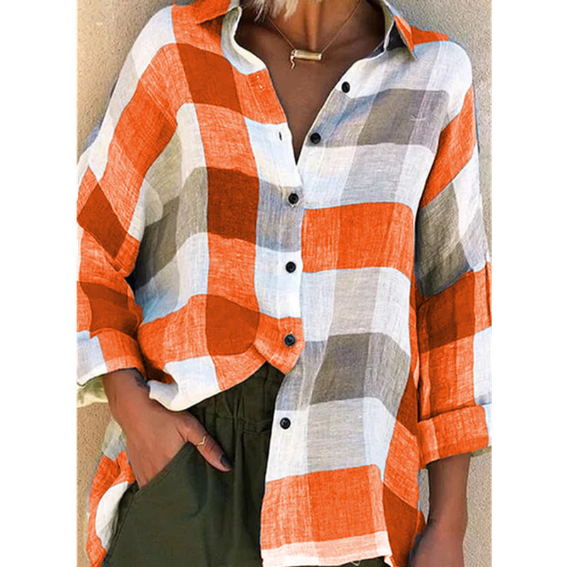 Women's Durable Printed Long-sleeved Loose Plaid Blouses