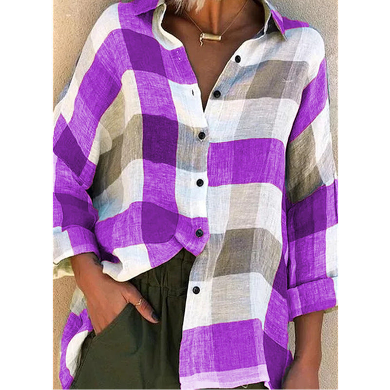 Women's Durable Printed Long-sleeved Loose Plaid Blouses