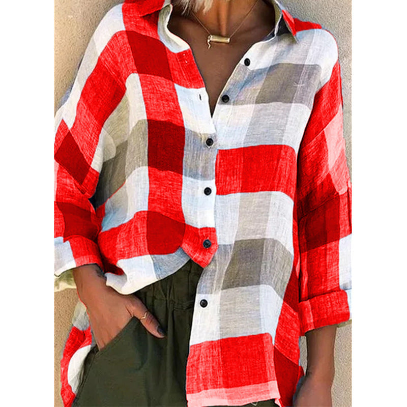 Women's Durable Printed Long-sleeved Loose Plaid Blouses