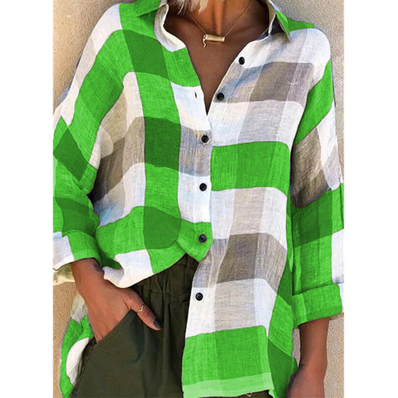 Women's Durable Printed Long-sleeved Loose Plaid Blouses