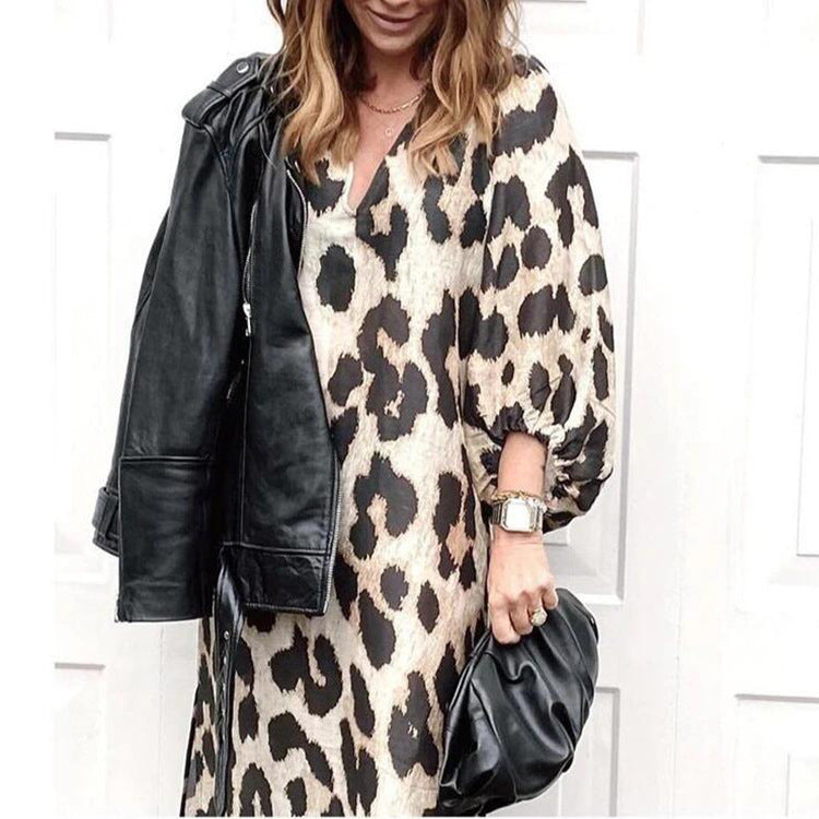 V-neck Loose Lantern Sleeve Leopard Print Dresses