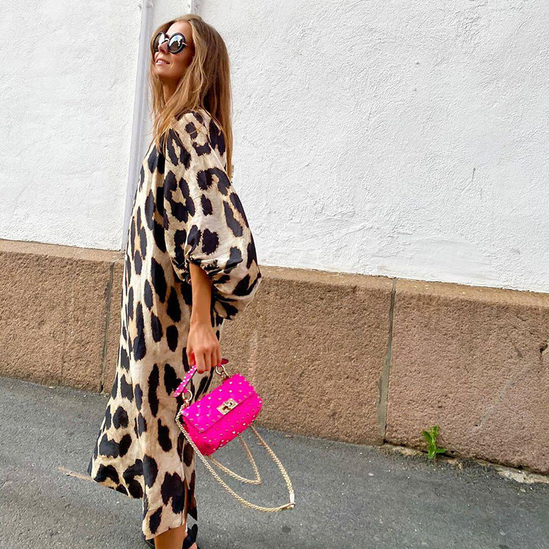 V-neck Loose Lantern Sleeve Leopard Print Dresses