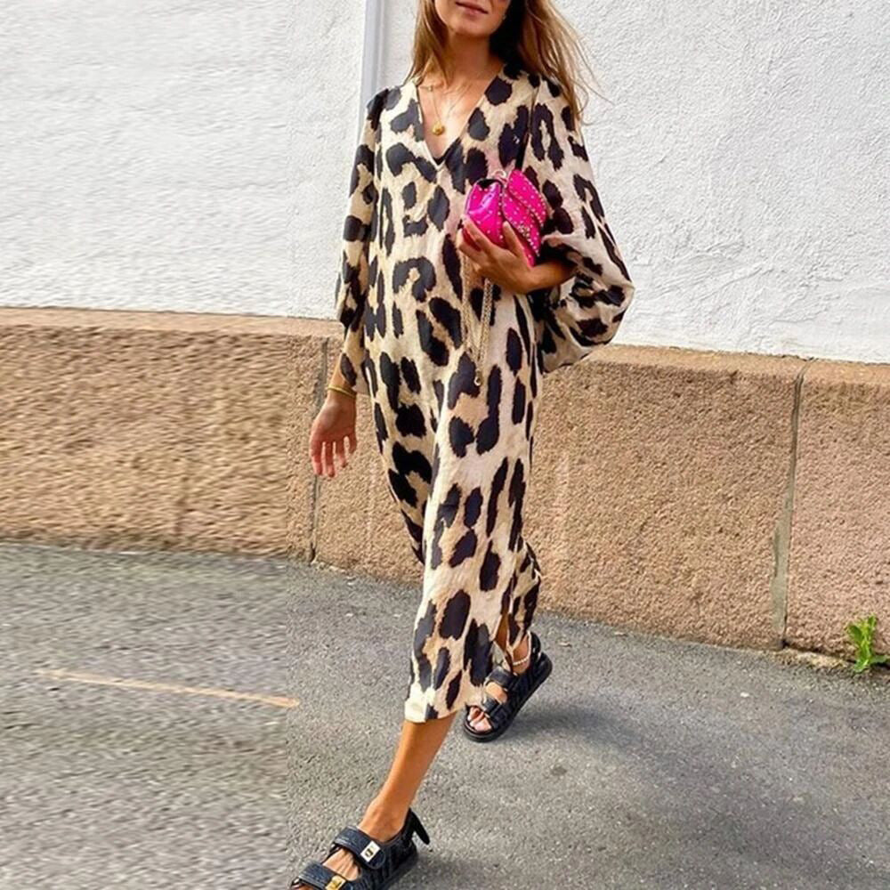 V-neck Loose Lantern Sleeve Leopard Print Dresses