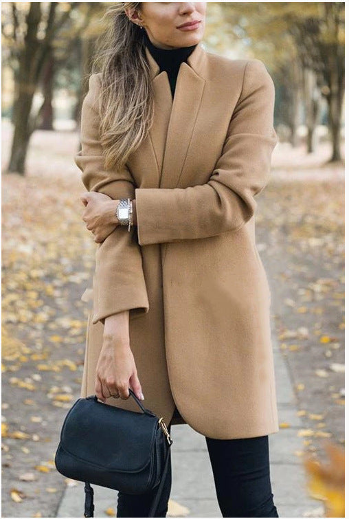 Elegant Fashion Solid Color Collar Woolen Coats