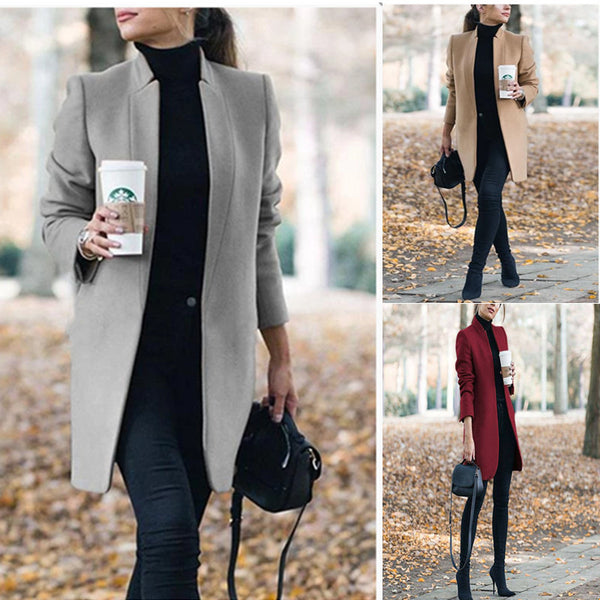 Elegant Fashion Solid Color Collar Woolen Coats