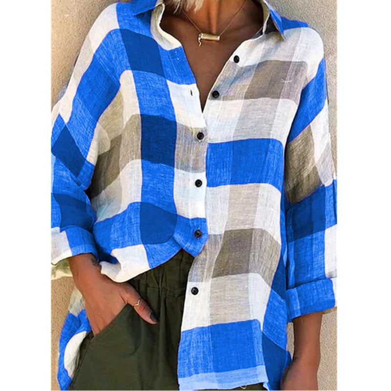 Women's Durable Printed Long-sleeved Loose Plaid Blouses