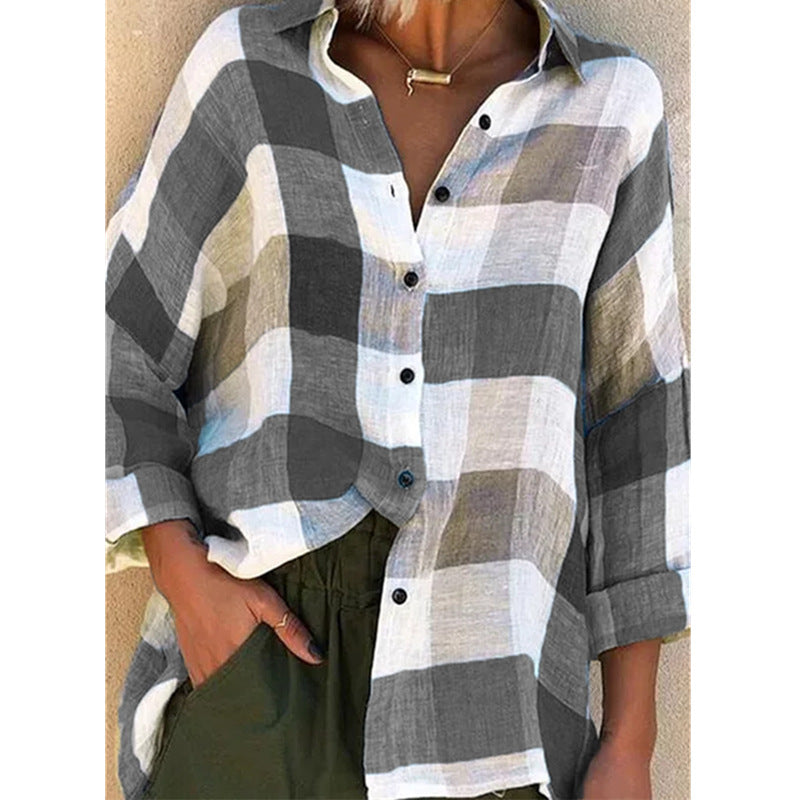 Women's Durable Printed Long-sleeved Loose Plaid Blouses