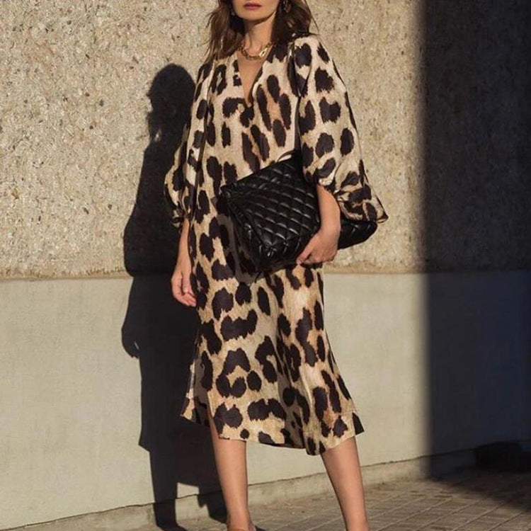 V-neck Loose Lantern Sleeve Leopard Print Dresses