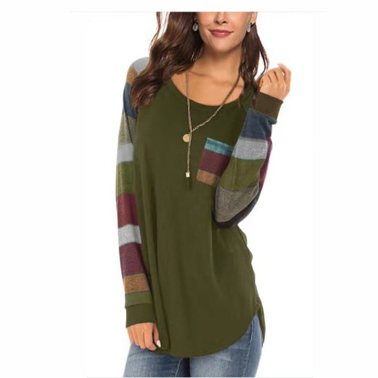 Autumn Casual Long Sleeve Round Neck Loose Pockets Tops