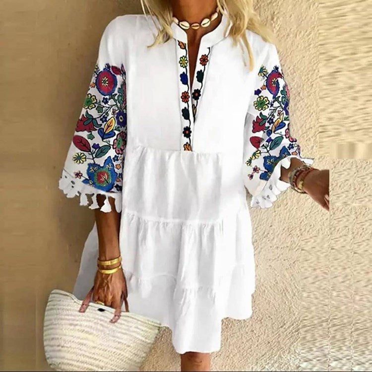 Autumn Cute Temperament Printed Tassel V-neck Dresses