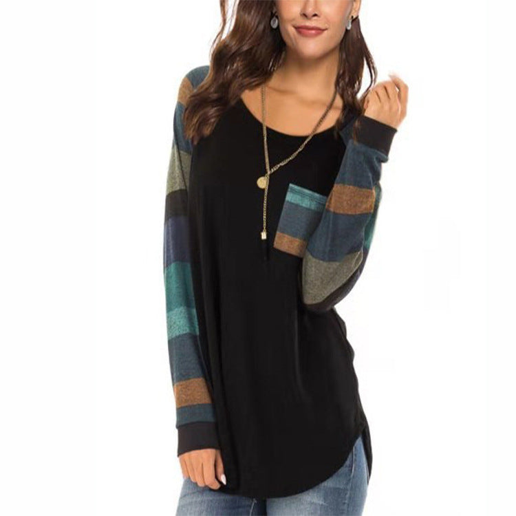 Autumn Casual Long Sleeve Round Neck Loose Pockets Tops