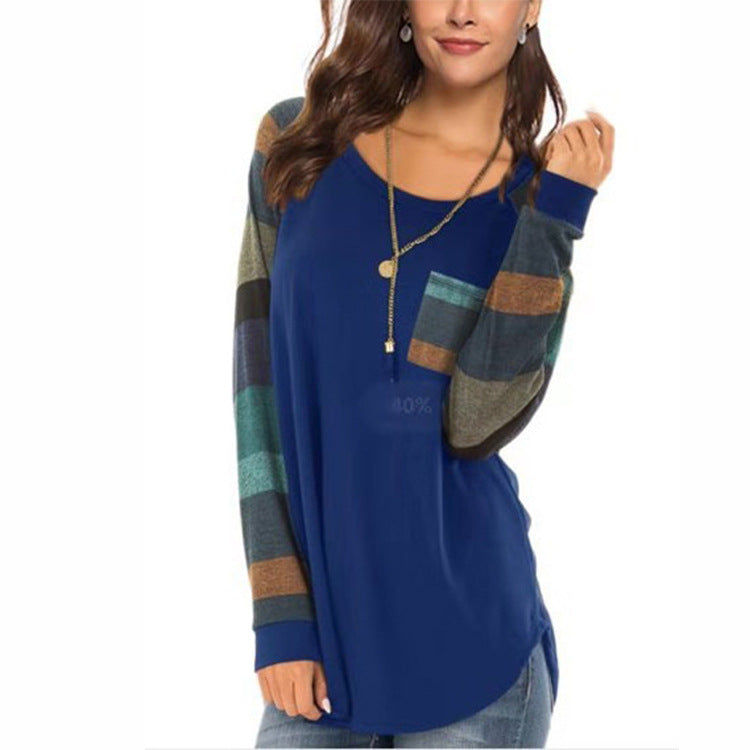 Autumn Casual Long Sleeve Round Neck Loose Pockets Tops