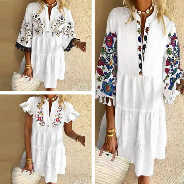 Autumn Cute Temperament Printed Tassel V-neck Dresses