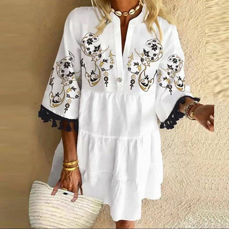 Autumn Cute Temperament Printed Tassel V-neck Dresses